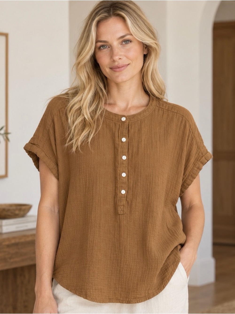 Quince Organic Cotton Caramel Brown Short-Sleeve Button Henley